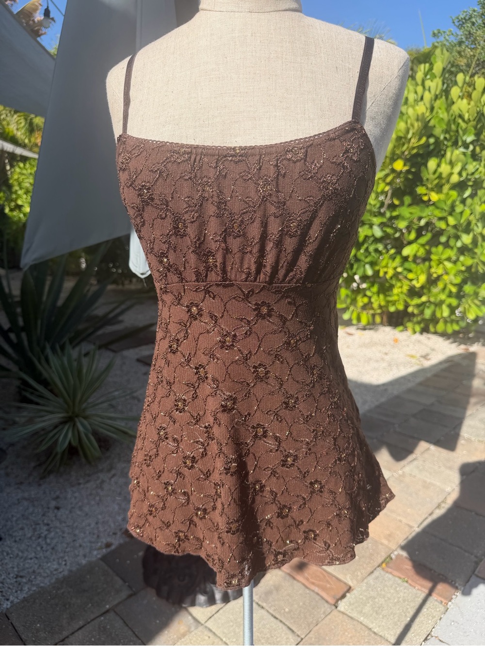 Brown y2k Lace-Embroidered Spaghetti Strap Women’s tank Top